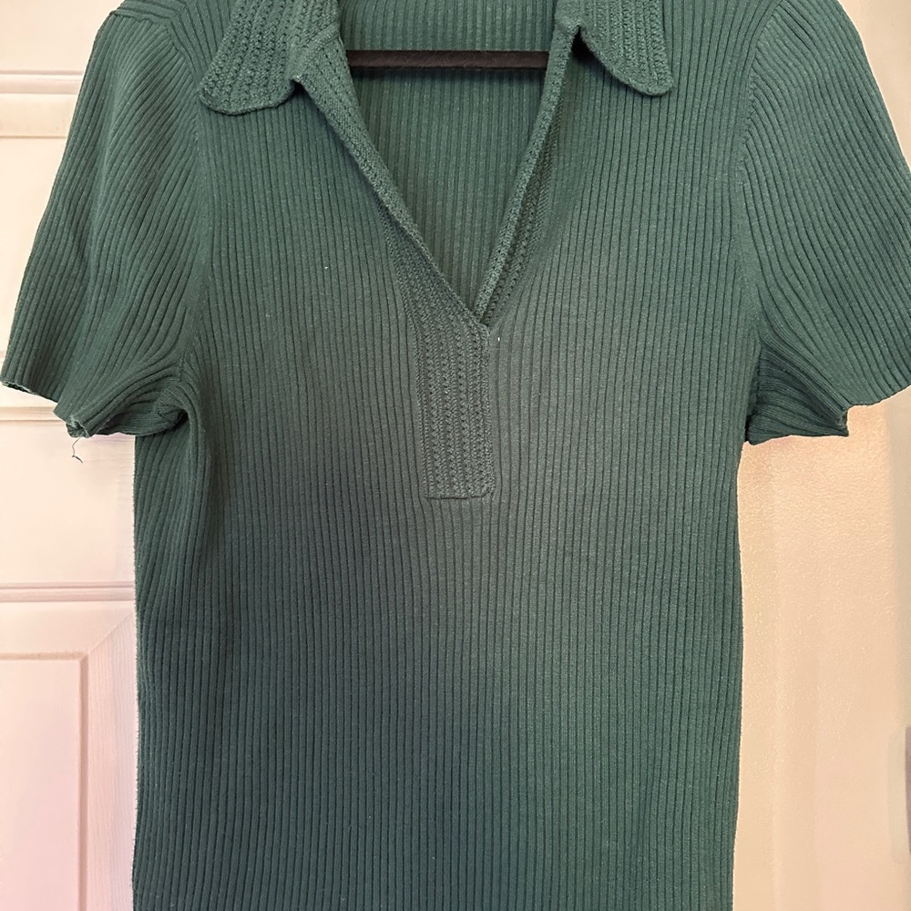 LOFT Green Ribbed Polo Blouse Short Sleeve
